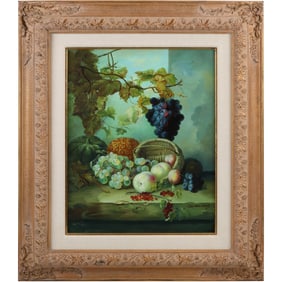 Signed Cai Wenxiang, Quality 20th C. Oil on Wood Panel Still LIfe with Grapes, Framed