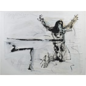 Quality French School Mixed Media Abstract with Figure on Paper Mounted on Canvas 36 in. x 47.5 in.