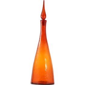 Blenko Vintage Bright Orange Crackle Glass Tall Bottle Decanter with Stopper, Label, 22 in. height