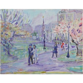 Impressionist Oil on Canvas Painting Figures Walking in Central Park, New York City