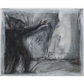 Quality French School Mixed Media Abstract with Figure on Paper Mounted on Canvas 24 in. x 21 in