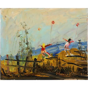 Morris Katz 1990, Jewish American, Acrylic Painting, Playful Children at Coastal Shore, Signed