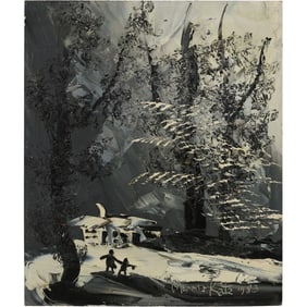 Morris Katz 1983, Jewish American, Acrylic Painting, Winter in the Catskills NY, Figures, Bungalow