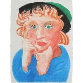 Print "Celia with Green Hat" is a 1984 lithograph by David Hockney, from his "Moving Focus" series