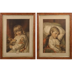 2 Framed Vintage Prints of Young Girls with Doll, Dog