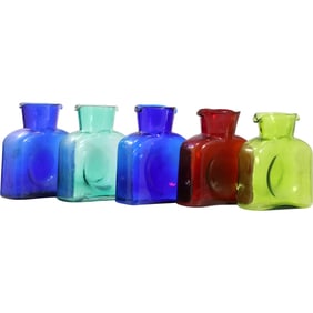 Set of 5 Blenko Glass Double Spouted Pitcher Decanters in Various Colors 8 in. x 7 in.