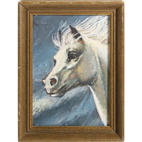 Small Oil on Canvas Painting Portrait of a White Stallion Horse, Framed