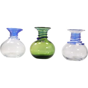 2 Vintage Blenko Blown Spiral Blue Clear Vase and 1 Blenko Green Spiral Vase  7 in. height