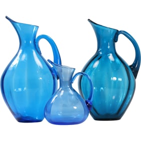 3 Assorted Blenko Mid-Century Modern Blue Glass Pitchers - See Pictures