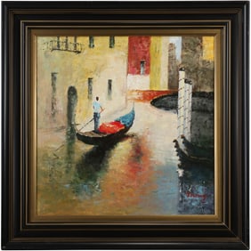 Artist Signed Illegible Venice Italy Scene Oil on Canvas Painting with COA, Framed
