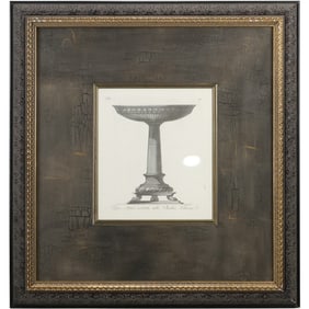 Framed FRENCH URN BIRDBATH Print, Identified as "John Richard" Luxury Decor Company, Label on Verso