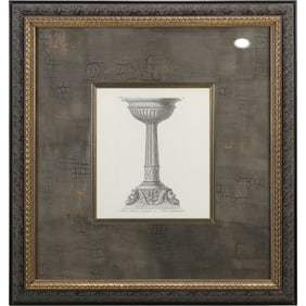 Framed FRENCH PEDESTAL URN Print, Identified as "John Richard" Luxury Decor Company, Label on Verso