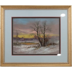 Signed Chandler, Circa 1910 Fine American Pastel Painting Sunset Winter Landscape, Framed