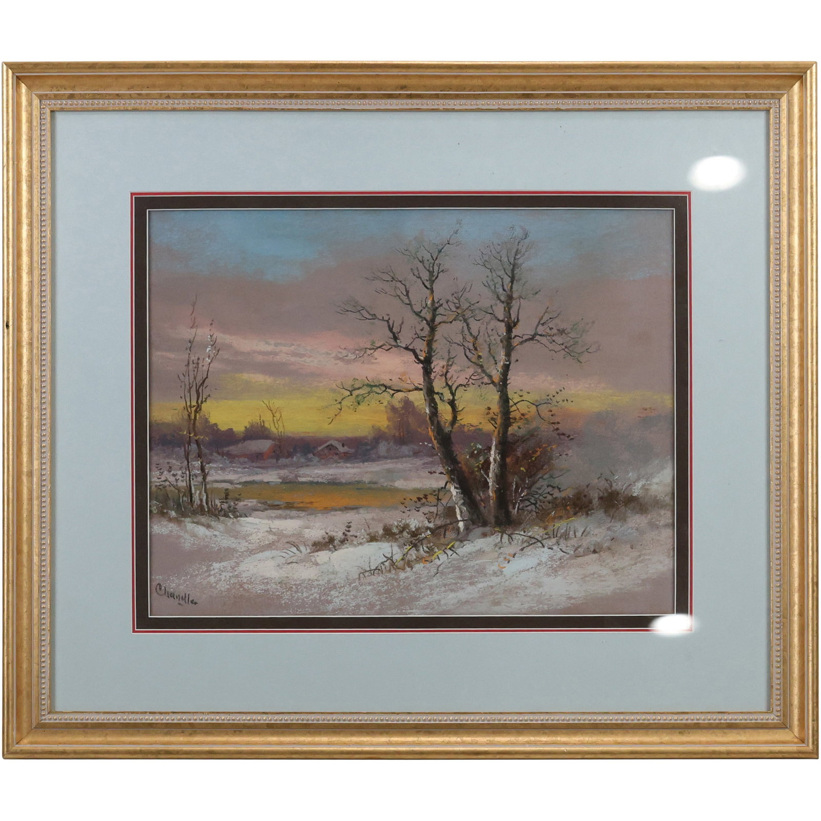 Signed Chandler, Circa 1910 Fine American Pastel Painting Sunset Winter Landscape, Framed (1 of 20)