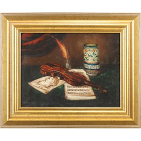 Artist Signed Oil Painting Still Life with Violin, Sheet Music, Quill Pen, Framed