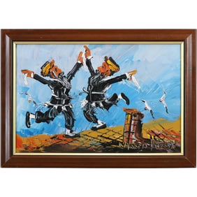 Morris Katz 1999, Jewish American, Acrylic Painting Two Hasidic Jews Dancing on Roof Top
