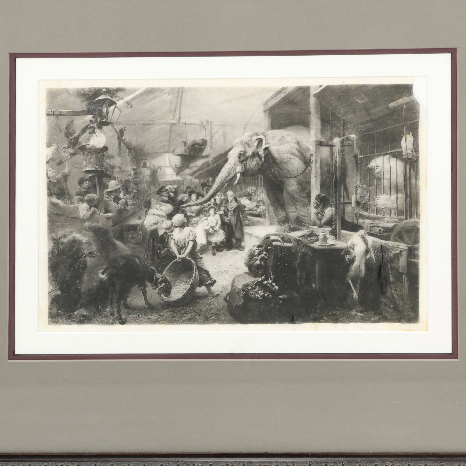 Antique Photogravure of a Tierbude or Circus Zoo by Paul Meyerheim German Artist, Framed: Antique Photogravure of a Tierbude or Circus Zoo by Paul Meyerheim German Artist, Framed. size: matt 10.5h x 14.5w frame 19h x 22w