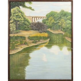 David A Clark [DAC], Large Oil on Canvas Painting Pa. Bridge and River Landscape