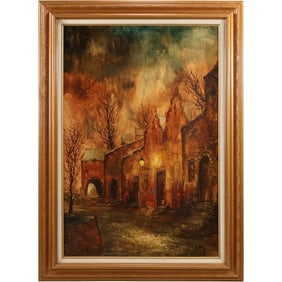 Dutch School (20th century), Street Scene in the evening, oil on canvas, signed lower right "J. Vos"