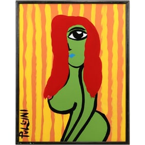 Thomas Pulgini, American, Pop-Art Abstract Oil on Board Painting, Green Woman Red Hair Portrait