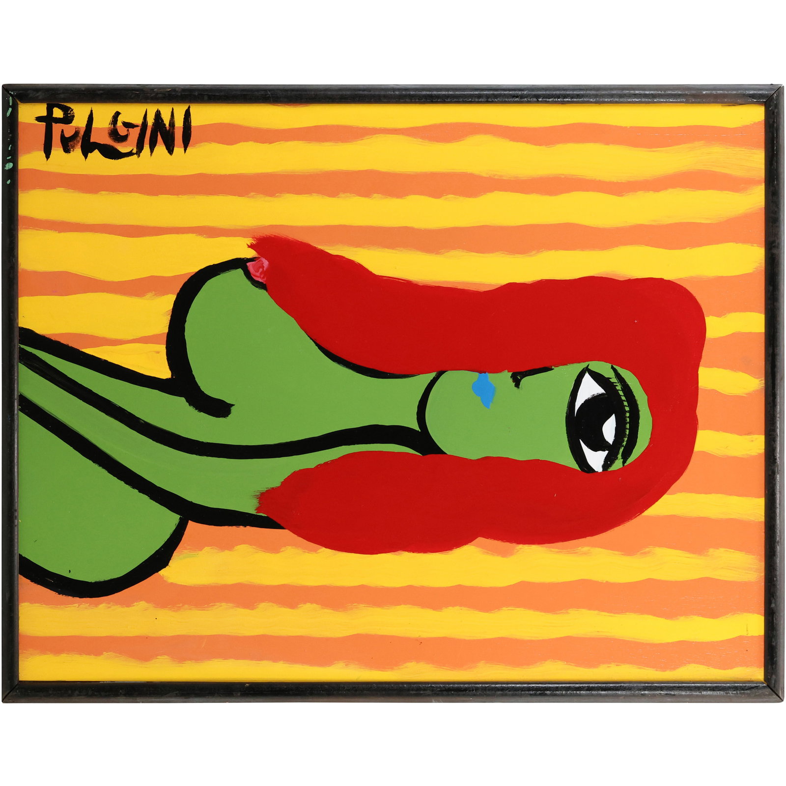 Thomas Pulgini, American, Pop-Art Abstract Oil on Board Painting, Green Woman Red Hair Portrait: Thomas Pulgini, American, Pop-Art Abstract Oil on Board Painting, Green Woman Red Hair Portrait. Signed, Framed. Well Listed American Artist size: 31.5h x 24w ; ASKart: Thomas Pulgini, Born 1965 in Wi