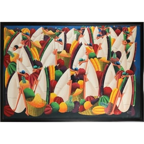 Large Oil Painting "Fruitful Gathering" by Pascal Davuis, work of Haitian Naive art Vibrant Colors