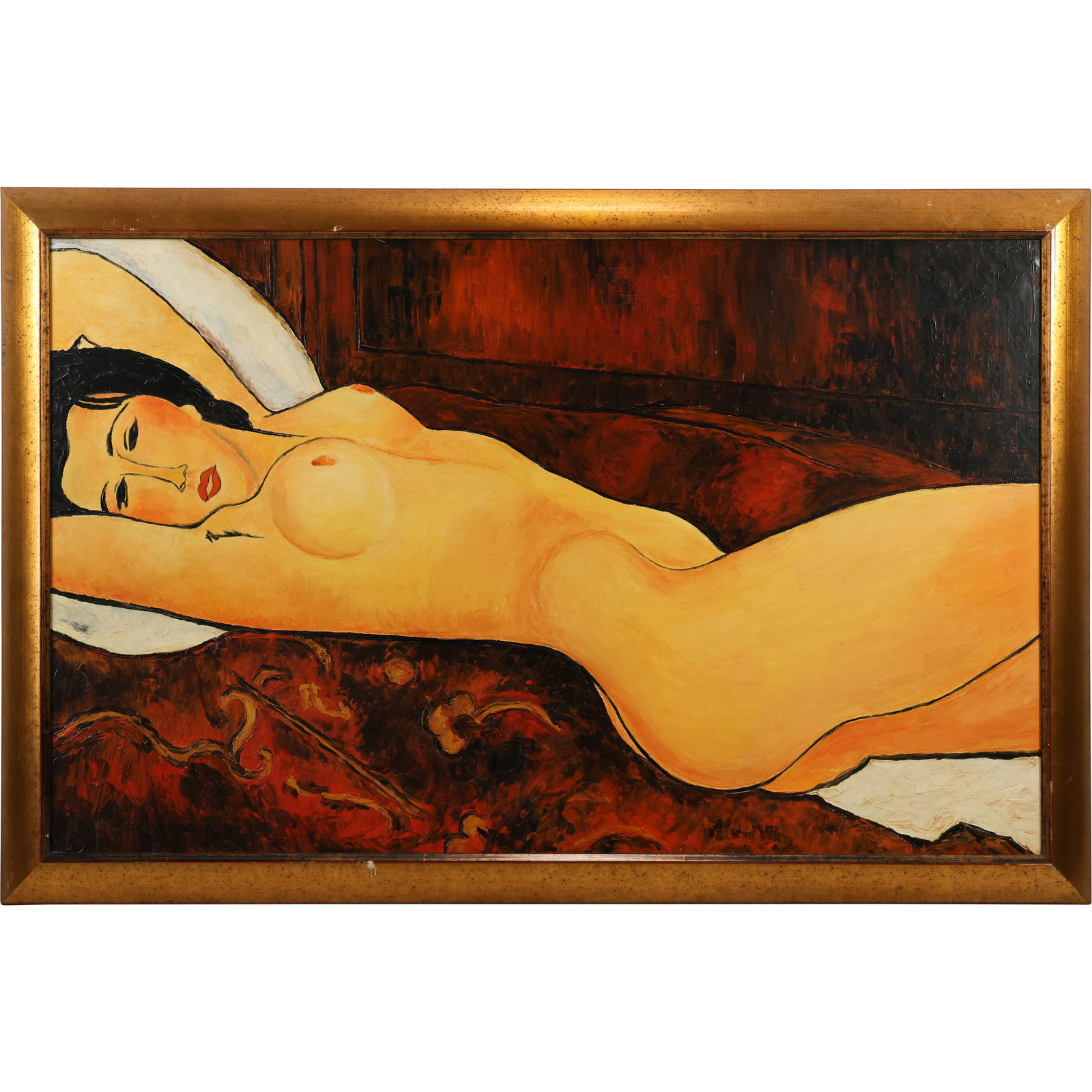 After Amedeo Modigliani (1884 - 1920), Large Giclee Art on Canvas Recling Nude, Gold Framed: After Amedeo Modigliani (1884 - 1920), Large Giclee Art on Canvas Recling Nude, Gold Framed. size: 46h x 31w