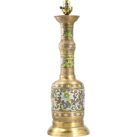 Japanese Brass Champleve Temple Urn Table Lamp 25 in. overall height x 8 in. wide
