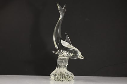 Signed B.R. '83 MURANO Crystal Art Glass Dolphin on Wave Sculpture 16 inches height
