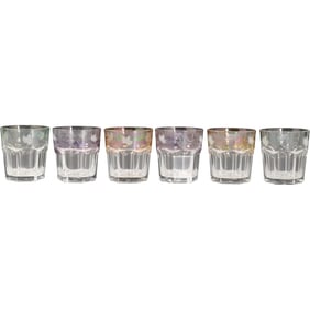 Set of 6 Iridescent Multi Color Antique Glass Tumblers with Etched Grape and Leaf Design