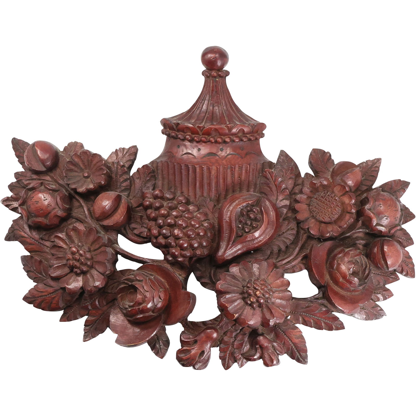 Heavily Carved Mahogany Wall Plaque Intricate Flowers, Grapes, Urn 16 in. x 20 in.: Heavily Carved Mahogany Wall Plaque Intricate Flowers, Grapes, Urn 16 in. x 20 in. size: 16h x 20w