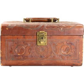 Vintage Tooled Leather Cosmetic Travel Case 6.5 in. x 13 in.