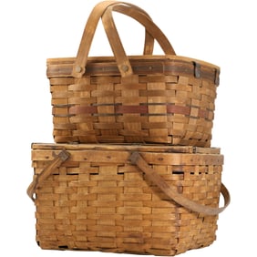 2 Vintage Splint and Wood Luncheon Baskets 13 in. x 14 in. Natural Finish
