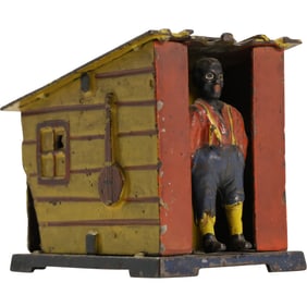 J E Stevens, Black Boy in Cabin Cast Iron Mechanical Bank, Antique, Original Paint, Black Americana