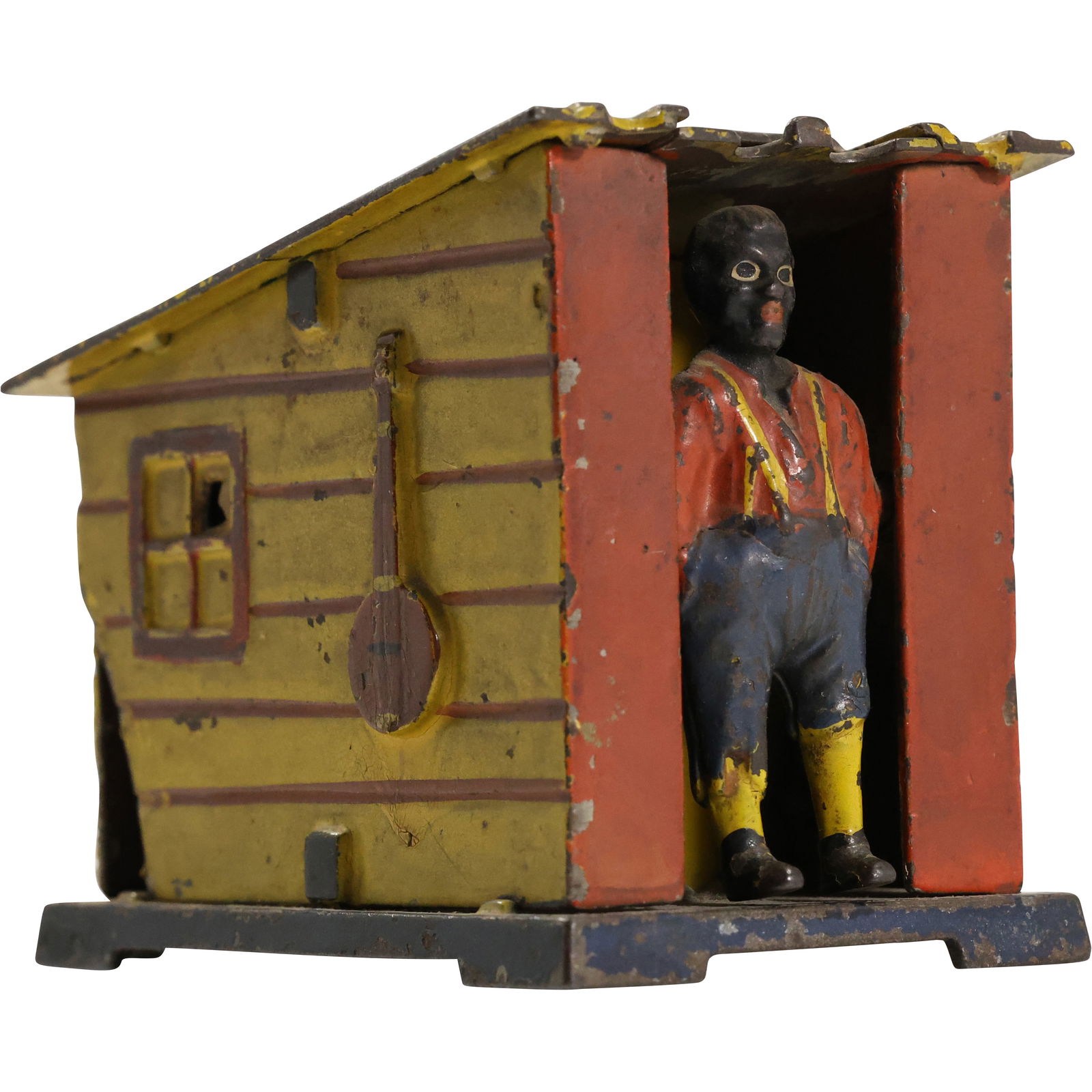 J E Stevens, Black Boy in Cabin Cast Iron Mechanical Bank, Antique, Original Paint, Black Americana (1 of 14)