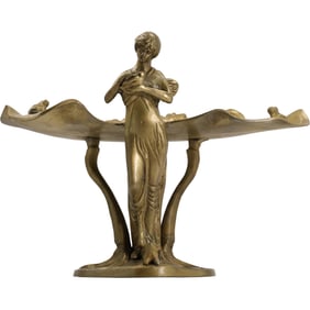 Art Nouveau Woman Figural Bronze Lily Pad Visiting Card Tray 8.5 in. height x 11 in. wide