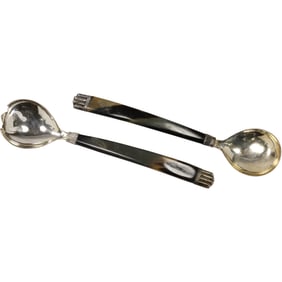 2 Salad Toss Untensils .925 Sterling Siver Bands and Horn Handles 12 inches length