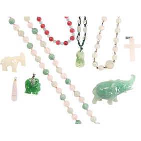 Estate Grouping Assorted Jade Necklaces and Elephant Pendants - See Pictures
