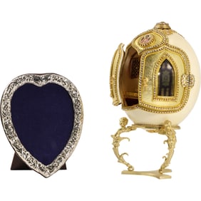 Sterling Silver Heart Frame and Faberge Style Egg on Stand with Religious Interior