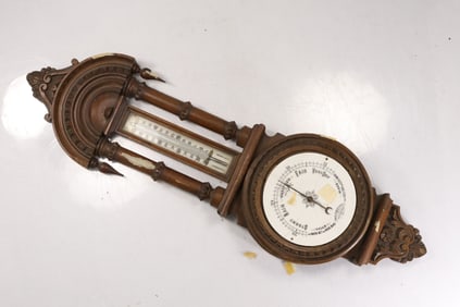 Antique Walnut Case Wall Mount Barometer Thermometer 26 in. length x 8 in. wide