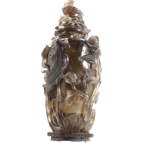 Carved Citrine Quartz Vase,  Qing Dynasty (1644-1912). Carved Flowers and Birds 10.5 in. height