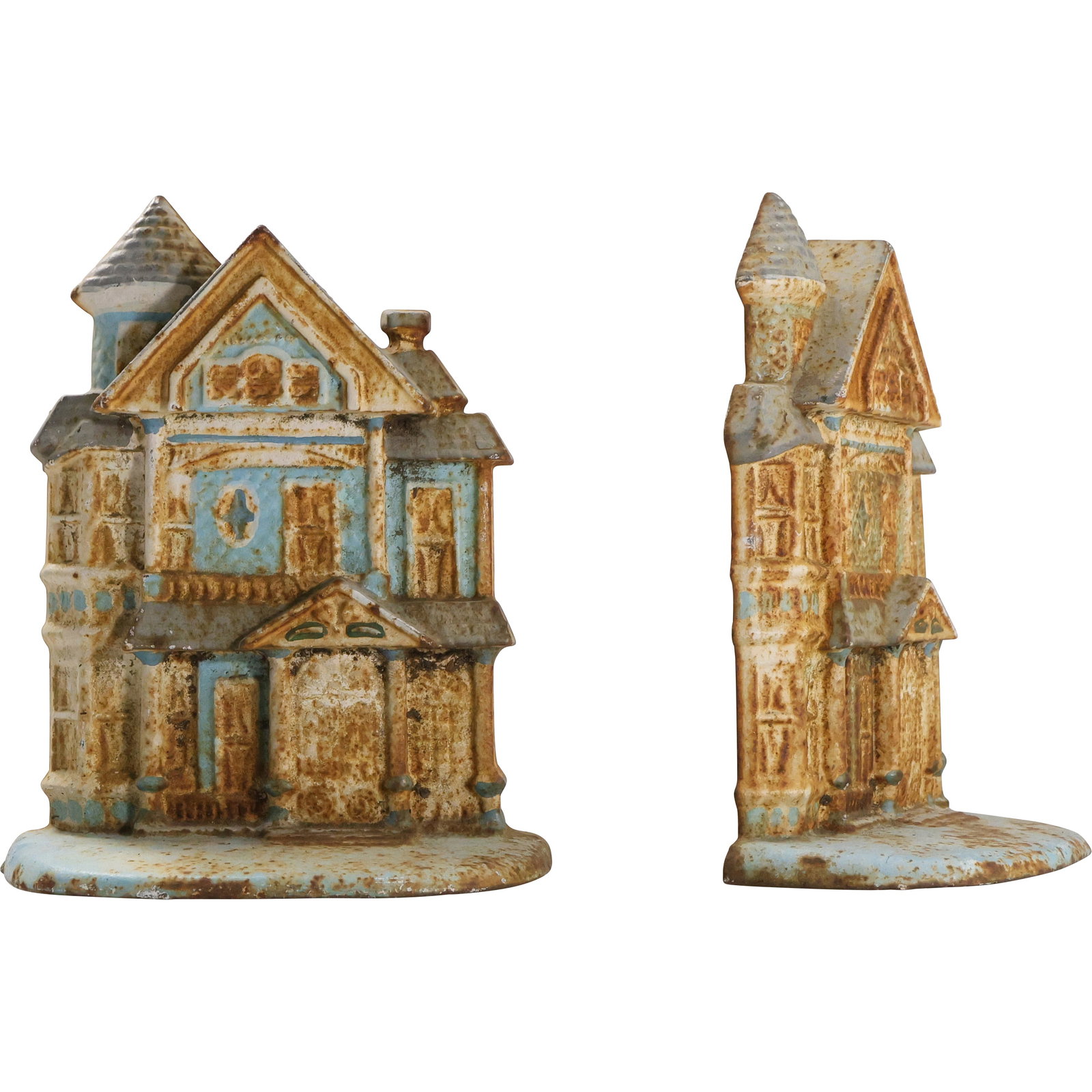 Vintage Cast Iron Victorian Manor House Figural Bookends: Vintage Cast Iron Victorian Manor House Figural Bookends. size: 7.5h x 6w