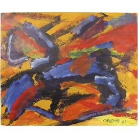 William Crozier 1961, Abstract Oil Painting on Paper, Colorful, Signed and Dated 18 in. x 14 in.