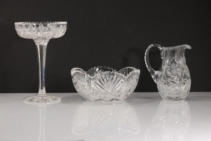 3 Assorted Cut Crystal Glass Stemmed Candy Compote, Bowl and Pitcher