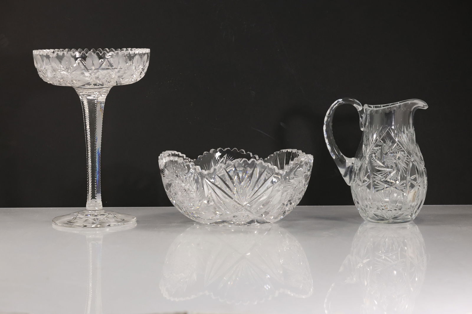 3 Assorted Cut Crystal Glass Stemmed Candy Compote, Bowl and Pitcher (1 of 20)