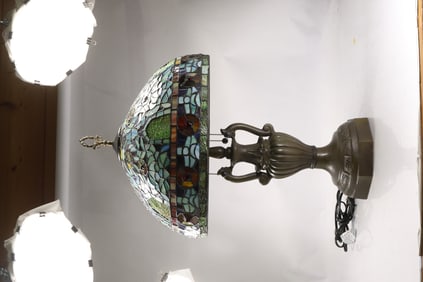 20th C. Contemporary Tiffany Style Leaded Glass Table Lamp 18.5 in. diameter Shade