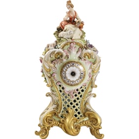 Italian Porcelain Mantle Clock with Figure at Top, Battery Operated, 18 in. height x 8 in. wide