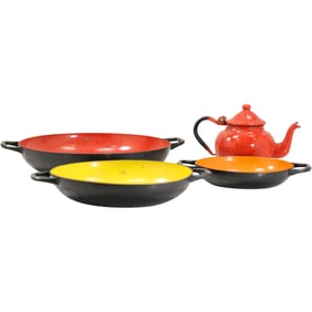 4 Pieces Huta Silesia Poland 3 Enameled Nesting Saute Pans and Trea Pot, Orange and Yellow