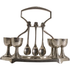 Silver Plate 6 Egg Cup Caddy Set with Spoons 9 in. height x 10 in. wide