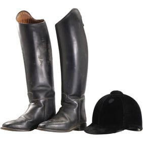 Black Leather Equestrian Boots and Black Equeastran Riding Hat - Vintage
